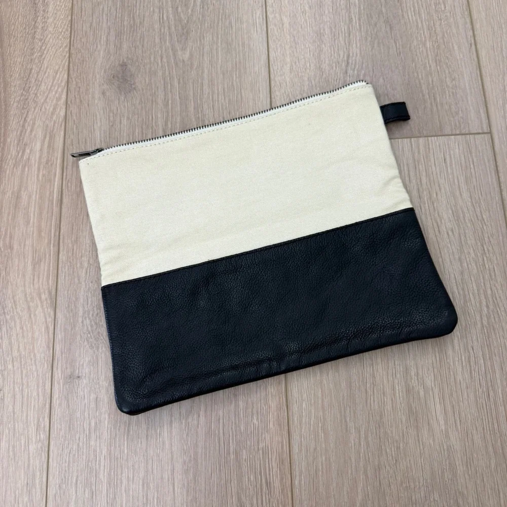 Mark and Graham Canvas and Leather Colorblock Zipper Clutch Pouch Monogram E